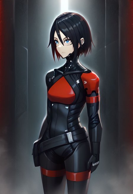 solo, 1girl, elsterXL, elster, black hair, blue eyes, short hair, medium hair, facial marking, 
black and red bodysuit, black bodysuit, multicolored bodysuit, 
masterpiece, best quality, very aesthetic, absurdres,