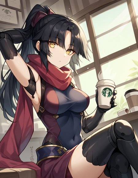 score_9, score_8_up, score_7_up, source_anime, <lora:fgo-danzou-katou-ponyxl-lora-nochekaiser:1>, danzou katou, android, black hair, long hair, ponytail, yellow eyes, medium breasts,, bodysuit, covered navel, elbow gloves, gloves, scarf,, cafe, coffee cup, barista, sitting down, talking, relaxing, sunlight through window, , looking at viewer, arm raised above head, solo,, cowboy shot, dutch angle