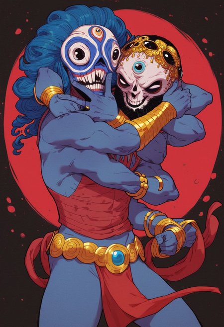 score_9, score_8_up, score_7_up,  hindu god dancing in the swirling cosmos, wild dance kicking and flailing, loincloth, radiating their awesome godlike might, strange man, beautiful full beard, big eyes, dark blue skin, white eyes, golden jewelry, a belt of skulls, a necklace of severed bloody heads,( four arms:1.3),( inhumanly thin:1.1)