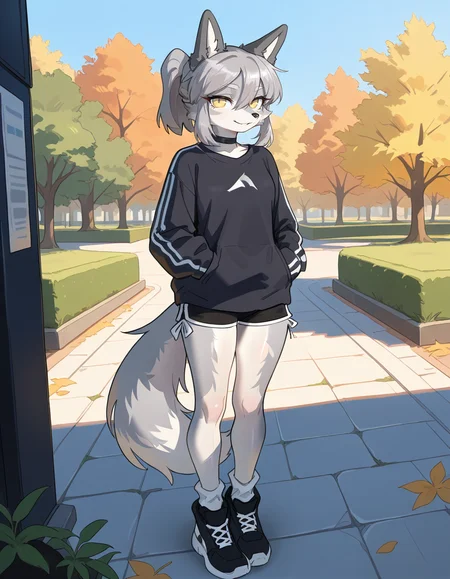 masterpiece, best quality, very aesthetic, absurdres,
outdoors, 
full body,  standing, posing,
casual, 
seductive smile, parted lips, long eyelashes,
<lora:Seraya_v01_NAIXL:1>
S3ray4,1girl,solo,furry,furry female,wolf girl,wolf ears,short hair,grey hair,ponytail,hair between eyes,long sidelocks,yellow eyes,snout,animal nose,choker,body fur,two-tone fur,grey fur,white fur,wolf tail,