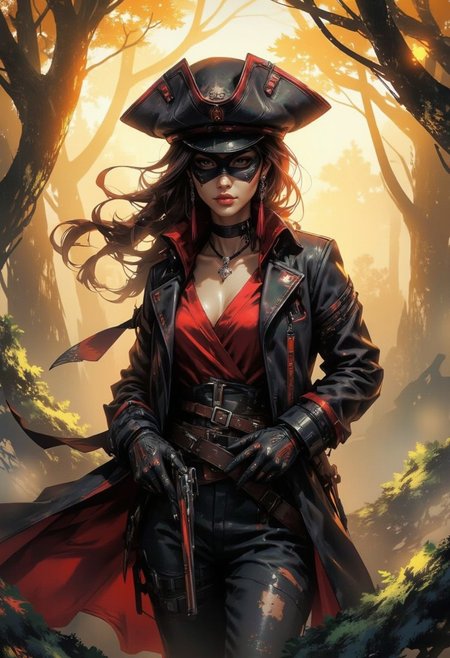 A digital painting in the style of ck-js,  portrait of a stunning chinese highwaywoman, tricorne hat, long earrings, long leather coat, eye mask, standing in forest clearing, holding flintlock pistol, sunset