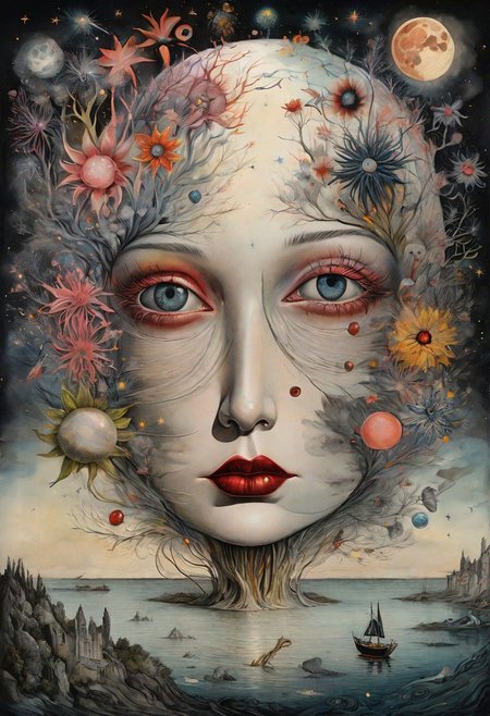 fairytale landscape, hyperrealism, micro-details, surreal, detailing, transparent watercolor+ink, pastel shades, clear outline, stardust, incredible beautiful landscape, dark botanical,dark fantasy,multicolor,multilayer, 3d, threads, fibers, engraving, color illustration, star map, moon, volumetric, unusual fluffy flowers"couple with a man, a bright white face, and women dark black face with red eyes looking straight at you in a boat More surrealism and madness.much more surrealism and crazy designs. With gold and cardinal red surreal Salvador Dali clouds coming out of her head.more surrealism and bizarre designs with bright vibrant colours.