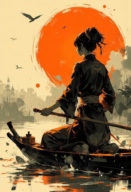 in the style of ck-mgs, nistyle, Special Ink-drawing mode, intricate linework with expressive contrasts, Mh1$AgThS2, Inkplash art on rice paper, sepia, henna , Silhouette Art, magnificent, inksplash closeup portrait of Chinese woman punting, sunset, calm lake, redlection