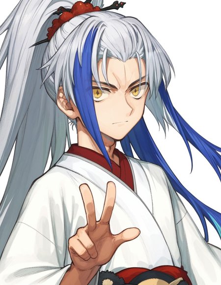 score_9, score_8_up, score_7_up, masterpiece, young boy, v-shaped eyebrows, 
<lora:FSR:1>, fsr, solo, long hair, looking at viewer, hair ornament,1boy,white background,closed mouth,blue hair,yellow eyes,upper body,ponytail,white hair,grey hair,male focus,multicolored hair,japanese clothes,kimono,two-tone hair,streaked hair
