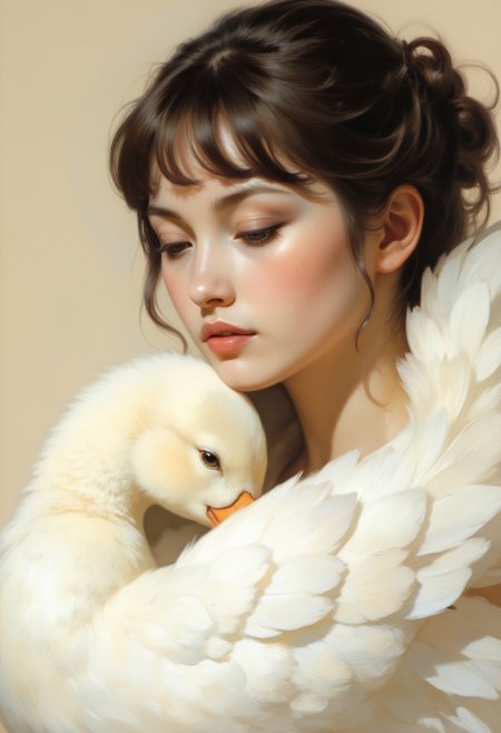 This is a highly detailed, realistic digital painting depicting a close-up of a young woman's face and a large white duck. The woman, with fair skin and freckles, has short, dark brown hair with blunt bangs, her eyes gently closed in serene expression, and her lips slightly parted, painted with a soft, natural pink hue. She is cradled by the soft, fluffy feathers of a large white duck, its pure, almost luminous white feathers providing a striking contrast to her delicate skin. The duck's head, featuring a rounded beak and soft, dark eyes, rests close to her face, creating a tranquil, intimate connection between the two. Each feather of the duck is meticulously rendered, from the fine down to the smooth surface, capturing the softness and texture of its plumage. The background is a simple, light beige, which ensures that the subjects remain the focus, with no distractions from the emotional depth of the scene. Natural, soft lighting gently illuminates both the woman and the duck, casting delicate shadows that highlight the curves and contours of their forms, adding depth to the composition. This artwork evokes a peaceful, harmonious bond between the human and the animal, blending realism with a subtle symbolism of purity and tranquility. HD, 8K quality, ultra-detailed, masterpiece artwork, flawless anatomy.