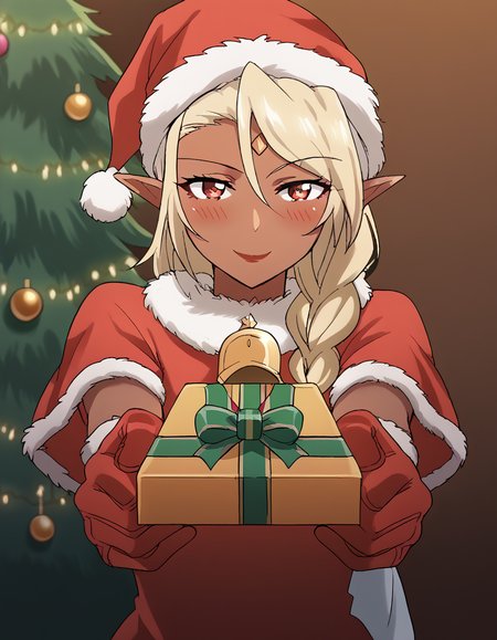 score_9, score_8_up, score_7_up, source_anime, <lora:bikiniwarrior-darkelf-s1-ponyxl-lora-nochekaiser:1>, darkelf, long hair, blonde hair, braid, pointy ears, dark skin, dark-skinned female, elf, dark elf, hair between eyes, red eyes, hair over shoulder, lipstick, anime screencap,, <lora:santa-costume-ponyxl-lora-nochekaiser:1>, santa costume, santa hat, christmas, sack, merry christmas, gift, fur-trimmed headwear, holding sack, santa dress, fur-trimmed dress, christmas tree, christmas tree, fur trim, red capelet, gift box, red gloves, fur-trimmed capelet, santa gloves, red hat, hat,, smile, blush, looking at viewer, <lora:incoming-gift-ponyxl-lora-nochekaiser:1>, incoming gift, outstretched arms, holding, holding gift, gift, gift box,, , dutch angle, cowboy shot