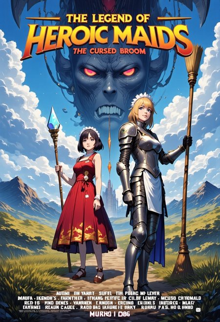 Concept:
A masterpiece high quality poster for an theatrical anime movie.
Style:
4k quality professional anime poster art with vivid vibrant colors, cel-shaded characters, perfect text title, mvpstrCE style, detail eyes, retro_anime.
Main Text:
The title of the movie is  ("THE LEGEND OF HEROIC MAIDS") written at the top in bold large fantasy font with golden trim, and an underline, there is a subtitle under it saying ("The Cursed Broom") in simple yellow fantasy font.
The Characters:
On the Right Side stands a regal blonde female knight in a fancy decorated full plate armor holding a metal broom with a blade at its tip, she is also wearing a long apron and frilly maid headdress on top of her armor, she is standing in sideview but looking at viewer, she has blue eyes.
On the Left Side stands a gorgeous brunette witch wearing a red frilly fancy sleeveless dress and she is holding a magical broom with blue magical crystal at its tip, she is wearing a fancy apron and frilly maid headdress on top of her dress, she is standing in sideview but looking at viewer, she has green eyes.
The Background: 
Vast grassy hills, mountains, epic castle in the distance, a silhouette of a giant evil broom towering over the landscape shrouded in mist infused with dark magic, majestic anime clouds frame scene.
Additional Text At Bottom of Poster:
At the bottom names of fake voice actors usually seen on anime posters, including a release date in ("March 2026") in a red font.