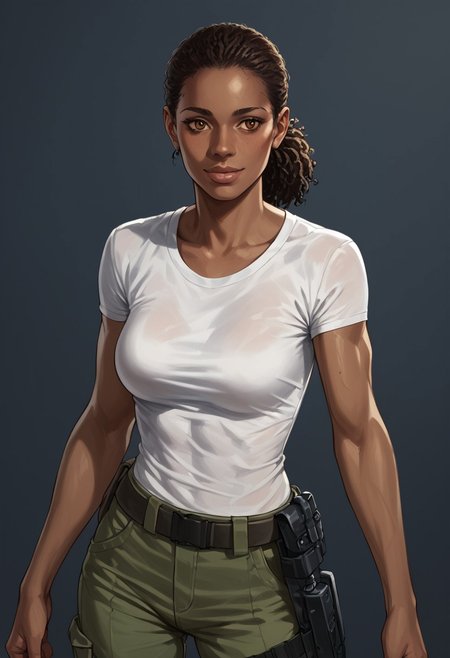 score_9, score_8_up, score_7_up, score_6_up, source_realistic, BREAK 1girl, nadine, dark skin, dark skinned female, ponytail, tshirt, green pants, holster, breasts,