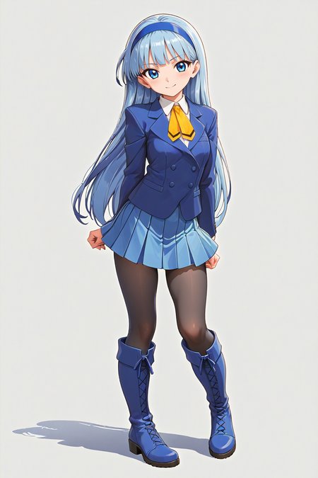 score_9,score_8_up,score_7_up,source_anime,masterpiece,best quality,highres,
BREAK 1girl,solo,full body,standing,(stylish pose:1.2),(pinup:1.2),
BREAK <lora:dmd2_sdxl_4step_lora_fp16>,
BREAK <lora:MKR_UMI_SU_PONY_V2:1>,Ryuuzaki_Umi,blue hair,very long hair,blunt bangs,blue eyes,MKR_UMI_SU,blue hairband,blue blazer,white collared shirt,yellow ascot,blue pleated skirt,black_pantyhose,blue knee boots,