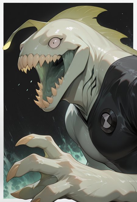 <lora:ripjaws-08:1> ripjaws, sharp teeth, solo, claws, 1boy, light green skin, upper body,, masterpiece, best quality, amazing quality, very aesthetic, absurdres, newest,, upper body, halftone effect, white borders, abstract background:1.2,