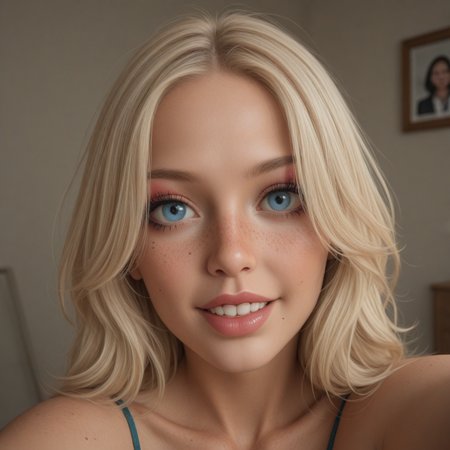 best, masterpiece, Domi with wavy blonde hair and blue eyes, extreme closeup, exotic colorful makeup, model face, model pose, selfie, highly detailed skin texture, freckles, highly detailed photo, professional photograph, dynamic lighting