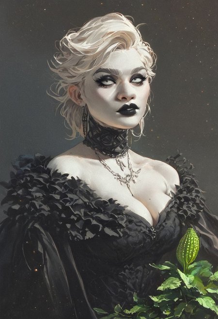solo skinny 1girl as goth model, seductive, platinum blonde, pale skin, smoky eyes, ((Artichoke  haircut)), black lips, large breasts ncpy13 style pastels drawing <lora:ncpy13 style:1>, score_9, score_8_up, score_7_up, score_6_up, score_5_up, score_4_up
