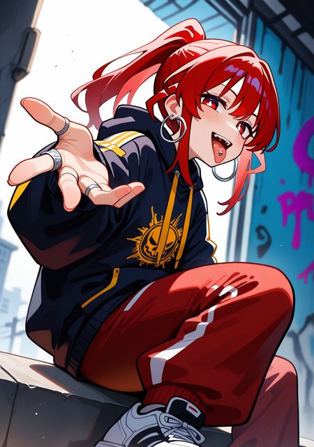 masterpiece, best quality, absurdres, perfect lighting,shiny skin,<lora:spo_sdxl_10ep_4k-data_lora_webui:0.7>,1girl,hiroe,red hair,ponytail,bangs,red eyes,tareme,<lora:hiroe_illu:1>,hoop earrings,rapper,baggy clothes,punk,black hoodie,baggy pants,sneakers,silver ring,accessories,depth of field,graffiti, against wall,sitting,proud,Naughty,tongue piercing,tongue out,from below,reaching towards viewer,open hand