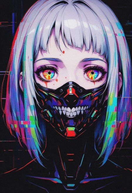 GLTST, Glitch, , 1girl, solo, multicolored eyes, bangs, looking at viewer, portrait, cyberpunk, mouth mask, short hair, mask, blood