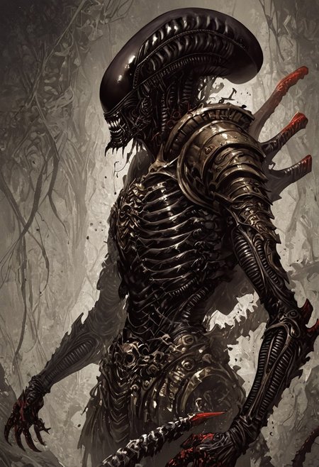 score_9, score_8_up, score_7_up, score_6_up, score_5_up, score_4_up,<lora:Fant5yP0ny:0.8>, xenomorphic creature from Lords of the Fallen, black templar armor, gold sword of Pieta, solo, gold eyes, blood on face, art by hr giger,