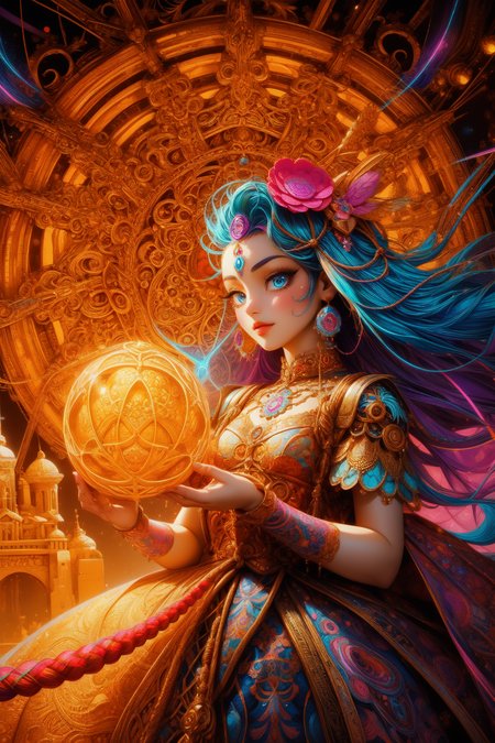 1girl, Terracotta, Dollpunk, Oversaturated, Mandala, Neon Light, alebrije art, Nihilcore, Vibrant Color, Luminism, Rembrandt lighting, Shaky [Feigned:Captivating:7] traditional [Guatemalan|Atomic Age] ([Entertainment center:Rope Bridge:4] of Memory:1.3) , it is anthropomorphic reimagined as a Disney movie princess character, it is engraved with Azure and electric orange details, Decora, Kodak Ektar, dreamy, flat lighting, Thriftcore, Warm Colors, matte, short lighting, Doodle Art style, Saturated, glimmering transformation, Reflected light