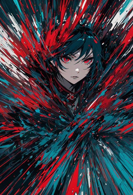 art by Gorillaz and Yu Rong, bold lines,
twinkling and distressed atmosphere with motion blur, proficient details,
(cobalt teal and pyrrole red colors:0.1),  (center composition:0.1),