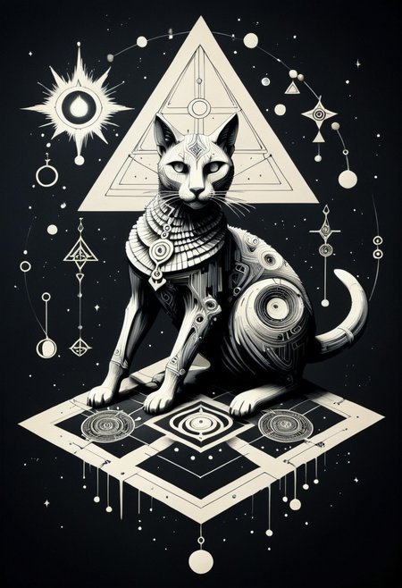 a drawing of Lunar Anubis, cat performing alchemy of etheral symbol quintessence, (one paw raised showing the eye of chemigram:1.1 eye of hamesh (with rays coming out of it), OverallDetail forging cluster astral keys.<lora:UFO_Alchemy_sdxl:1.0>,( <lora:symmetrical:1.5> (negative space tetrahedal trees ((revelation of method,PStyl3 )), <lora:Maximalist_Drawing_BW:0.2>)), (map QuinnMora, HaroldFiskMeander background:1.4), framesmade of checkerboard layer, , no human, ((sigil of pyramid, sigil of great power, frames cube FancyTurning:1.5), (three planes) X Y Z in occult space