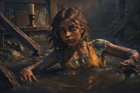 1 woman, thug, detailed texture, an oil painting,
partially submerged
looking at the viewer, 
realistic illumination
aesthetic composition
in style of Gustave Dor