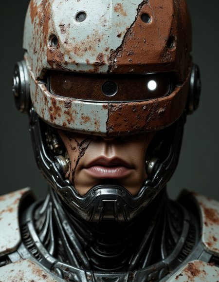 extreme close-up, Kodak Ektar 100, flat lighting, X-Ray Photography, in focus effect, bounced lighting, leica m3 analog, cinestill 800t, ((a close-up portrait)) robocop, a dilapidated Zandalari with mechanical armor, stained with blood and dust. detailed metal textures, scars, damaged implants. Miserable dystopian atmosphere, aggressive lighting with cold glare. darksyber aesthetic, photorealistic style, head portrait, (macedonian:1.15) , (blue eyes:1.05) , (burgundy lips:1.05) , (closed lips:1.05) , round face-shape, (wavy hair style:1.05) , (Bamboo hair color:1.05) , (Mayahuel hair length:1.05) , A close up view of the face of a robot. The robot's face is covered in Silver and electric red paint. The eyes of the robot are covered in Ice Platinum paint. There is a large circle in the center of the head that is black in color. There are ridges of the metal around the robot's neck and around the neck. The figure's neck is made up of a series of ridges and bumps that run vertically. The face of the figure is covered by the intricate paint.