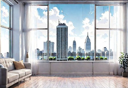 ((((front view)))), Shallow scene, ((animation style)), (((City high-rise building scenery))), ((((City scenery outside the window)))), (Facing the window), (open window), modern-style interior, Wooden floor, with white walls, (large windows), a living room, sofa and coffee table by the window sill, Sofa placed horizontally, noon, clear sky, low saturation
