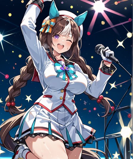 score_9,score_8_up,score_7_up,2D animation style,source_anime,anime screencap,rating_explicit,best quality,masterpiece,Japanese Anime Style,(solo),(1girl),smile,open mouth,looking at viewer,<lora:uma_hokko_tarumae_ponyxl:0.9>,hokko tarumae (umamusume),brown hair,two-tone hair,horse girl,horse ears,ear cover,horse tail,white headwear,hair bow,striped bow,sailor collar,collarbone,white jacket,half gloves,(mismatched gloves),(black gloves:1.1),(white gloves),long sleeves,bowtie,white skirt,white socks,shoes,sneakers,large breasts,screaming,hand up,sweat,stage badkground,singing,idol concert,stage lights,light particles,curtain,full body view,one eye closed,(holding microphone),arm up,happy,thick thighs,large breasts,(steaming body:1.2),index_finger_raised,pointing_up,