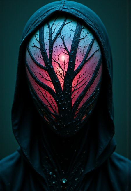 Rootform, hyperdetailed realism, evil villain Action Scene, Shaded intricate head Closeup of A desolate White Pristine wired birch tree Robot, apoclypse l, dystopian neon pink/Red/Green/Yellow bleaked Misty atmospheric lighting
