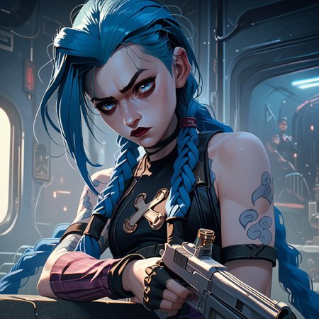 score_9, score_8_up, score_7_up, score_6_up, score_5_up, score_4_up, 1girl, JinxPowder, very long double braids, holding a futuristic gun