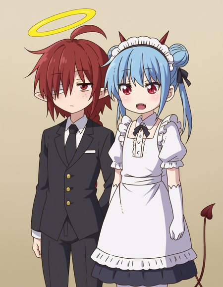 zPDXL, score_9, score_8_up, score_7_up, source_anime, (portrait),  <lora:KobayashiDragonPack:1> drgmd, 2girls, multiple girls, <lora:Nullantwins:0.8>,
2girls, multiple girls, Lynn, red hair, red eyes, (bandage over one eye, hair over one eye), braided ponytail, halo, freckles, bags under eyes, jitome, ahoge, pointed ears, flat chest, black jacket, butler, white shirt, black tie, black pants,
2girls, multiple girls, Zhuu, blue hair, red eyes, pointy ears, fangs, large fangs, red horns, demon tail, flat chest, (double bun), white pantyhose, maid, maid headdress, black dress, elbow gloves, white gloves, juliet sleeves, short sleeves,
