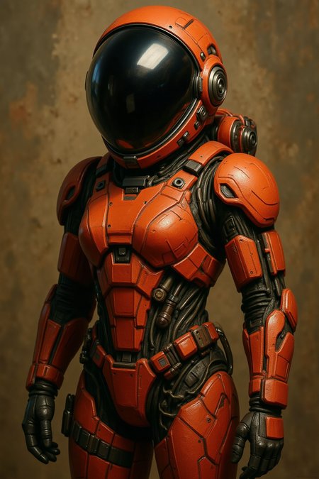 IMG_123141.CR2, woman.jpg, zilcova, A futuristic astronaut in a highly detailed space suit, featuring intricate red and orange designs, equipped with advanced technology like a reflective helmet and various gadgets. The astronaut stands against an abstract backdrop of earthy tones and textures, embodying the spirit of sci-fi exploration and innovation.