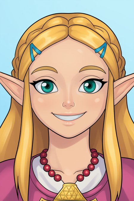<lora:yair-guy-PONYv1:1>, 1girl, solo, princess zelda, portrait, smile,