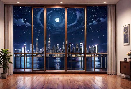 ((((front view)))), Shallow scene, ((animation style)), (((City high-rise building scenery))), ((((City scenery outside the window)))), ((sense of mystery)), (night), starry sky, moonlight, (weak light), (Facing the window), (open window), modern-style interior, Wooden floor, with white walls, (large windows), ((((sofa and coffee table by the window sill)))), carpet, a living room, (((Sofa placed horizontally))), (Behind the sofa is the window sill),