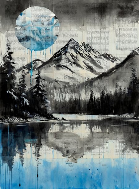 monochrome portrait of a beautiful landscape lake, mountains, forest, dripping blue, newspaper background  <lora:LOUIJOVER#SXDL1.0#by Loui Jover#v2.00#-000006-rs.sv_fro.0.999-nr.0128:0.8> by LOUI JOVER