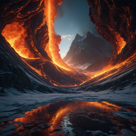 (image of a giant spout of flame rising into the sky)), fire clashing with water, ancient volcano, fire melting snow, frozen tundra on fire, masterpiece, 8k, sharp image, highest-quality, intricate details, 4 elements clashing into a perfect symmetrical point, fractal, highly detailed, micro-details, micro-details within the micro-details, sharp edges, detailed textures, wide angle, cinematic view, full view, atmospheric lighting, visually stunning, high contrast, fantasy, 1image, trending on artstation