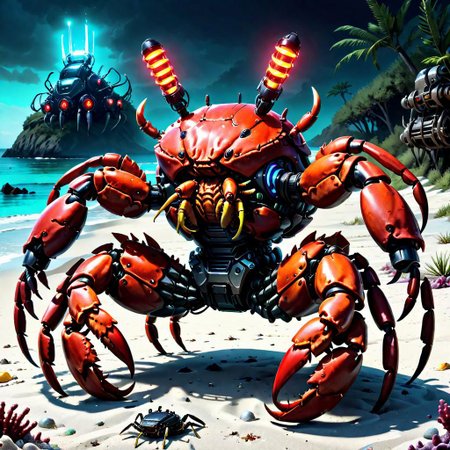 a cybermutant crab with mechanical pincers and glowing red tubes sitting on a beach