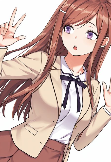Smooth Quality,masterpiece,very intricate, high quality details, ultra realistic, high detailed skin,detailed enviorement,absurdres,
simple background, white background, dancing,skindentation, solo,dutch angle,middle w,
 <lora:Dasom_Lee_CNR:0.8> dasom_cnr,  1girl, brown hair, long hair, bangs, purple eyes,hairclip,dasom_def_cnr,school uniform, shirt, long sleeves, jacket,brown skirt, neck ribbon,, open mouth,, uwu,