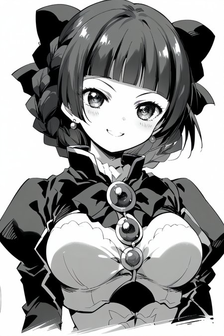 score_9, score_8_up, score_7_up, score_6_up,
  <lora:Mamiina:1> mamiina, greyscale, 1girl, monochrome, jewelry, earrings, braid, short hair, brooch, blunt bangs, bow, breasts, bangs, upper body, long sleeves, looking at viewer, sibylla,
 <lora:Kihyahya:1> kihyahya, smile,