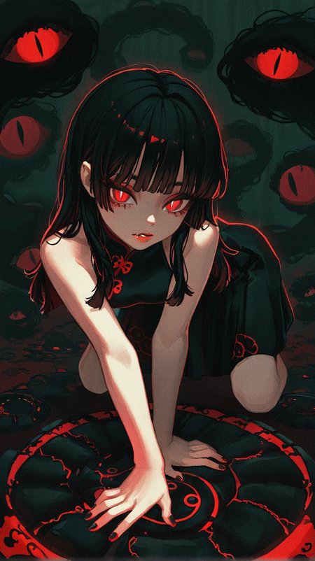 1girl, solo, long_hair, looking_at_viewer, bangs, black_hair, red_eyes, dress, parted_lips, sleeveless, fang, nail_polish, black_dress, lips, fingernails, glowing, slit_pupils, all_fours, black_nails, glowing_eyes