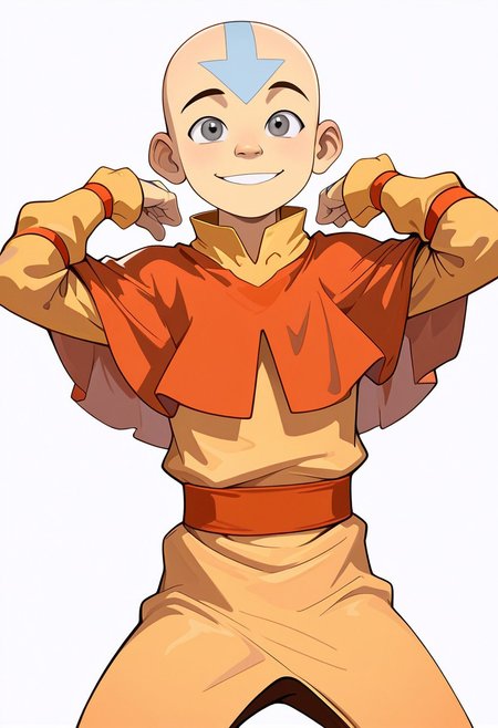 masterpiece, absurdres, high quality, perfect anatomy, 1boy, solo, cute boy, male focus, smiling, Aang, Grey Eyes, Bald, Blue Facial Marking, Blue Arrow (Symbol) Tattoo On Forehead, Air Nomad Outfit, Yellow Shirt, Long Sleeves, Orange Capelet, orange sash belt, white background, simple background,