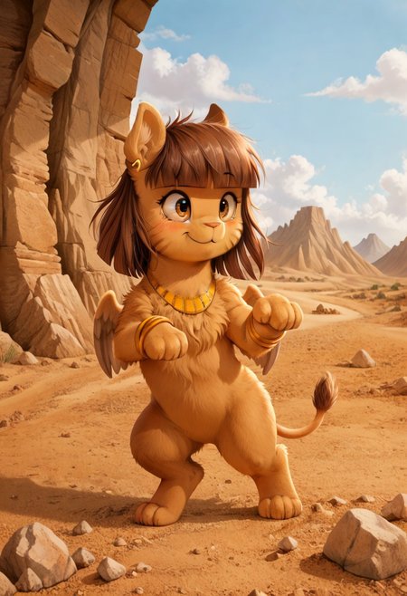 full body, ((solo)), furry, fluffy, fluffy fur, perfect eyes, zPDXL3, ((action_pose:1.5)), sfw, 

cute female furry feral chibi m4gp1e, bipedal, blushing, rocks, source_furry, m4gp1e, sphinx, feral, jewelry, bracelets, wings, smiling,

(((outside desert mountain))),  

(high detailed face), (high art quality), (high detailed), 4k, (high resolution), (8k resolution), masterpiece, best quality, ((scenery)), detailed background