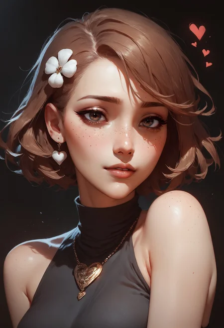 (score_9, score_8_up:1.1), score_7_up,  1girl, solo, expressive, hearts, dynamic, brown hair, short hair, brown eyes, pale skin girl, pale skin, freckles, turtleneck, bare shoulders, blush, white tulip hair ornament, looking_longingly, seductive, sexy_woman, black background  <lora:sdxl/pony_twilight_style:0.8> <lora:sdxl/Expressive_H-000001:0.8>