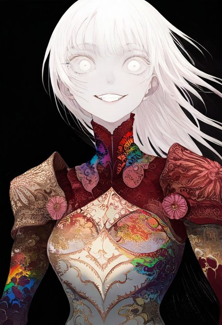 solo, looking at viewer, white eyes, upper body, black background, 1girl, long white hair, extremely pale skin, rainbow armor, smiling, close up, masterpiece, best quality, very aesthetic, absurdres
 <lora:monfornoob:0.95>