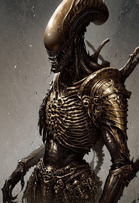 score_9, score_8_up, score_7_up, score_6_up, score_5_up, score_4_up,<lora:Fant5yP0ny:0.8>, xenomorphic creature from Lords of the Fallen, black templar armor, gold sword of Pieta, solo, gold eyes, blood on face, art by hr giger, ornamental armor