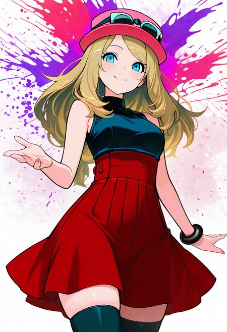 (masterpiece, best quality, good quality, very aesthetic, absurdres, newest:1.2),    medium breasts, (curvy),   BREAK,  zzSerena, solo, long hair, blue eyes, eyewear on headwear, pink headwear, eyelashes, sleeveless shirt, black shirt, bracelet, high-waist skirt, red skirt, black thighhighs,<lora:SerenaPokemon_NAI:1.0>,smile, looking at viewer, cowboy shot,   paint splatter, dynamic pose, foreshortening,  ,  <lora:ClrSplsh_NAI:1.0>,