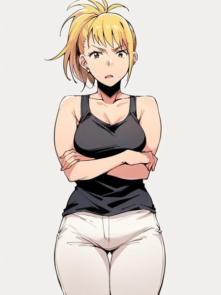 score_9, score_8_up, score_7_up,  
1girl,  haruka ms, bangs, ponytail, medium breasts, mature female, blonde hair,

frown, open mouth, looking at viewer, black tank top, white pants,
standing, crossed arms,
white background, solo,