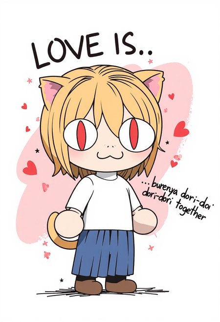 love1s. "love is" style illustration showing an image of Neco Arc, a chibi with short, messy, light tan hair. She has large, red eyes and cat ears. She is wearing white turtleneck sweater, blue pleated skirt, black thighs and brown footwear.
She is embarrassed, her face covered with blush. At the top of the image there is an inscription "LOVE IS...", atr the bottom of the image isncription is "...burenya dori-dori-dori together". Both inscripton are bold italic font. 
Background is abstract and love-themed, with hearts and particles