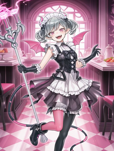 1girl, pink floating crystal, arianne the labrynth servant, tail raised, solo, open mouth, indoors, demon girl, smile, pink demon wings, looking at viewer, tea party, food, trident, fangs, teeth, holding trident, white maid headdress, black hair bow, black bowtie, black cross-laced corset, white frilled dress, black elbow gloves, asymmetrical legwear, scar across eye, black heel boots, official art, checkered floor, windows, pink theme, standing on one leg, white bloomers,
masterpiece,best quality,amazing quality,very aesthetic,absurdres,newest,<lora:Arianne and  Arianna the Labrynth Servant illusXL v1.1:0.75>,