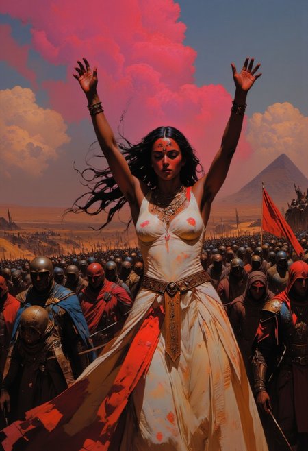 A highly detailed and hyper-realistic cinematic still inspired by the victorious Cleopatra: Cleopatra stands tall and triumphant, her posture exuding power and grace. She is dressed in a flowing, translucent white gown, swirling majestically in the desert wind. Her long, black hair falls over her shoulders as she raises both arms in a commanding gesture, victorious after a hard-fought battle. Behind her, a vast throng of her people follows, their heads bowed in reverence and loyalty, stretching far into the horizon. The pyramids loom in the distance, bathed in the golden glow of the setting sun, casting long shadows across the desert. vivid colors, pop art by night, 
The battlefield beneath her feet is littered with the remnants of war—broken weapons, fallen banners, and scattered armor, but Cleopatra stands untouched, a symbol of strength. The air is heavy with the dust of battle, illuminated by the dim light filtering through the smoky sky. Her gaze is fixed forward, filled with determination and pride, as her people march behind her in silent respect. The cinematic lighting captures every detail, from the worn, weathered faces of her people to the shimmering fabric of her gown. The scene radiates an overwhelming sense of triumph, with vibrant colors blending into the soft oranges and pinks of the Egyptian twilight, immortalizing Cleopatra as both queen and conqueror.