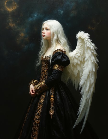Minimalist painting of an albion teen female angel wearing an ornate black and gold dress by Albert Lynch, Abbott Handerson Thayer, highly detail, best quality, feathery white angel wings, high camera angle, standing in the center of a nebula, shy, corseted, bodice, crinoline, bustled, innocent, serene, white skin, pale skin, blue eyes, long flowing white hair, ultra detailed, romantic, brush strokes, focus on the girl, shadow and light, Masterpiece, intricate lines, intriguing atmosphere, sharp magnificent details, delicate features, elaborate details, (2\3 rule composition:0.5), ultra detailed, romantic, Rembrandt lighting, brush strokes,  del1cate_balance style, in the style of Rembrandt. vantablack <lora:style_of_Rembrandt_FLUX_135:.8> <lora:- Flux1 - vanta_black_V2.0:.6> <lora:Delicate_Balance:.3> <lora:neeeg_f1:-1>