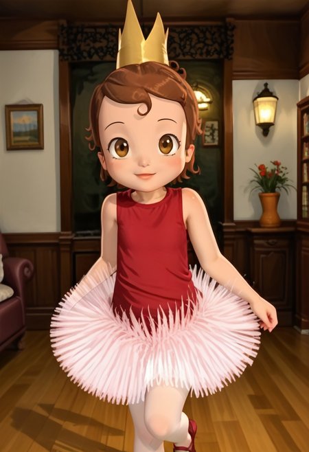 (masterpiece)+, 8k, best quality, ultra-detailed, (high res), cinematic lighting, beautiful lighting, high quality, studio quality, detailed, insanely detailed, extreme detail, refined detail, perfect detail, max detail, smooth lighting, detailed background, hyper detailed body, beautiful lighting, vibrant lighting, global illumination, absurdres, high-res, dynamic lighting, h4nnah, 1girl, solo, brown hair, ballerina, short hair, dress, pantyhose, white pantyhose, tutu, Expressiveh, aerozerorisk, 1girl, solo, solo focus, looking at viewer, standing, cowboy shot, (closed mouth), happy, cute, kawaii, indoors, living room, daylight, sunshine, Halloween decorations, Halloween costume, (princess ballerina costume), (gold crown), brown hair, brown eyes, red shirt, pink tutu